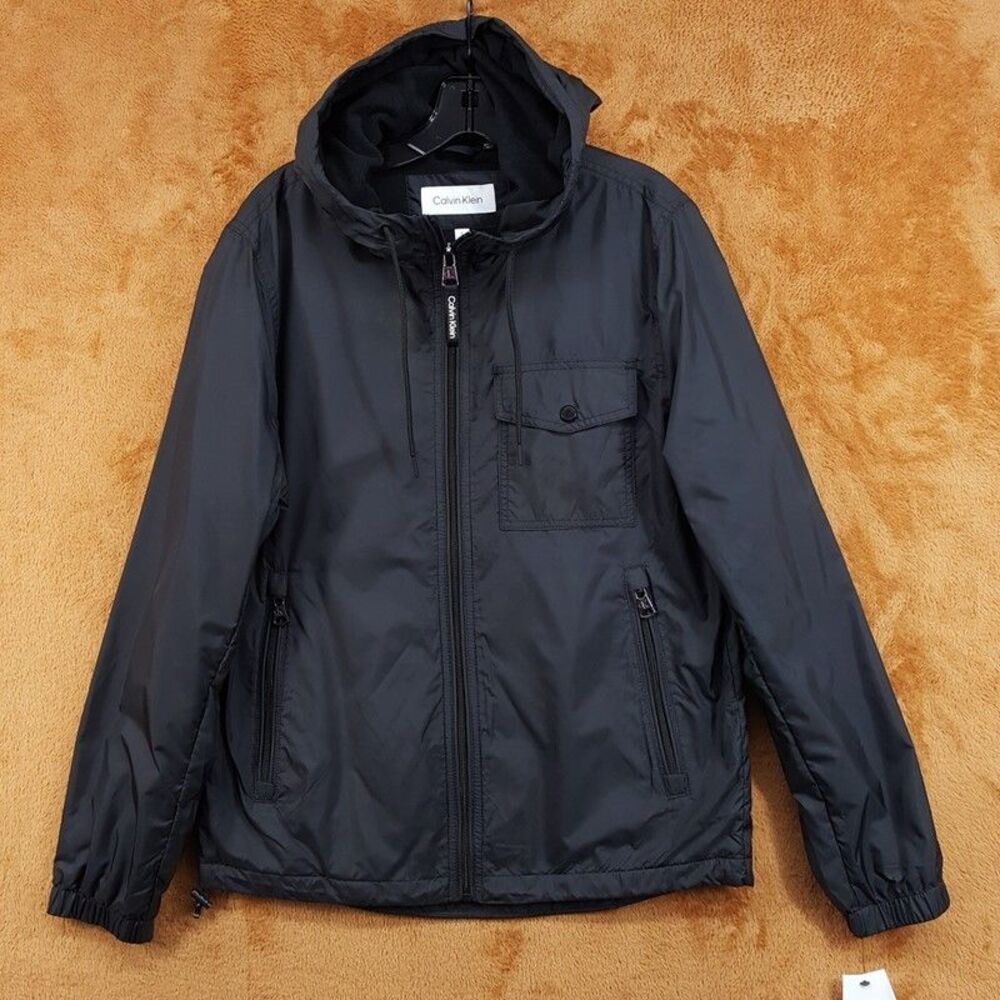 CALVIN KLEIN Jacket Mens Medium Black Polar Fleece Lined Hooded Windbreaker $150